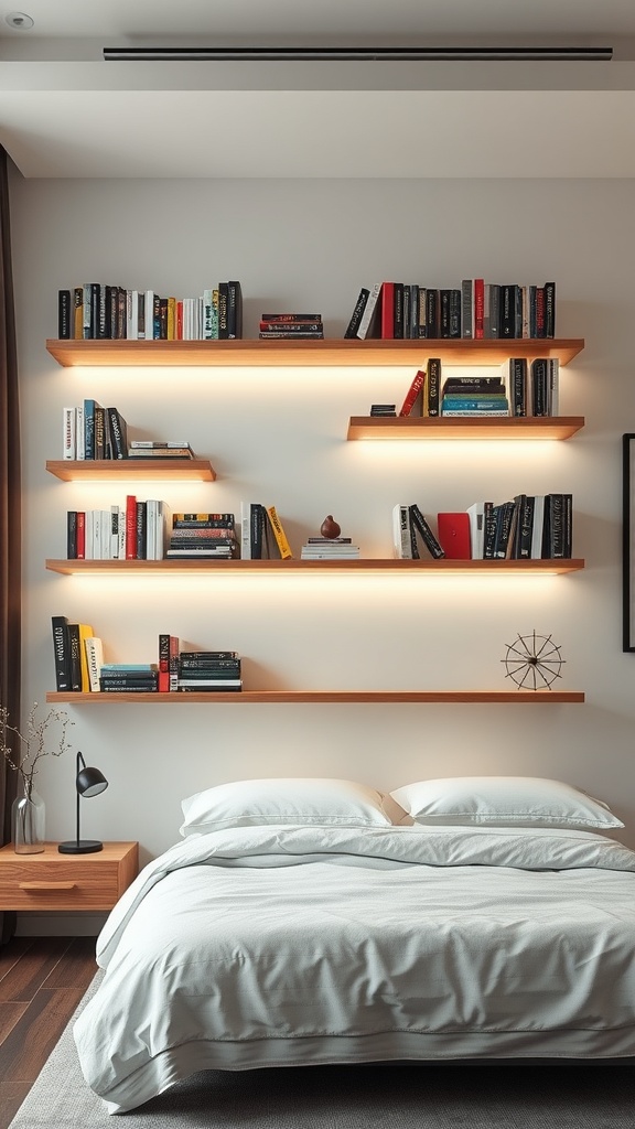 Floating shelves with integrated lighting displaying books in a cozy bedroom