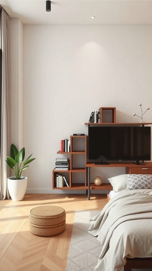 A cozy bedroom featuring a ladder-style floating bookshelf with books and decorative items.