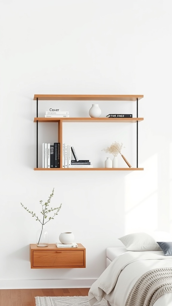 A minimalist wall-mounted floating bookshelf with wooden shelves and black metal supports, featuring books and decorative items.