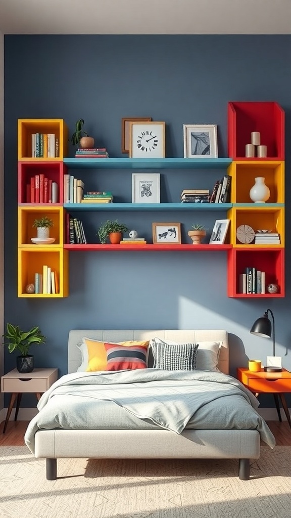 A colorful floating shelf display in a bedroom with books, plants, and decorative items.
