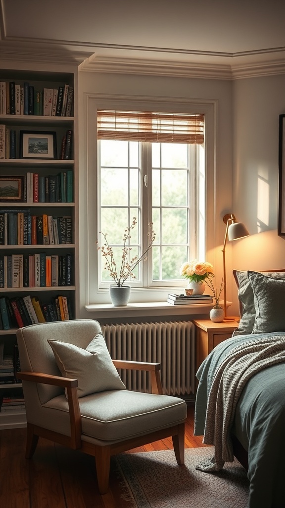 A cozy reading nook with a comfortable chair, a bookshelf filled with books, and a window with soft light.