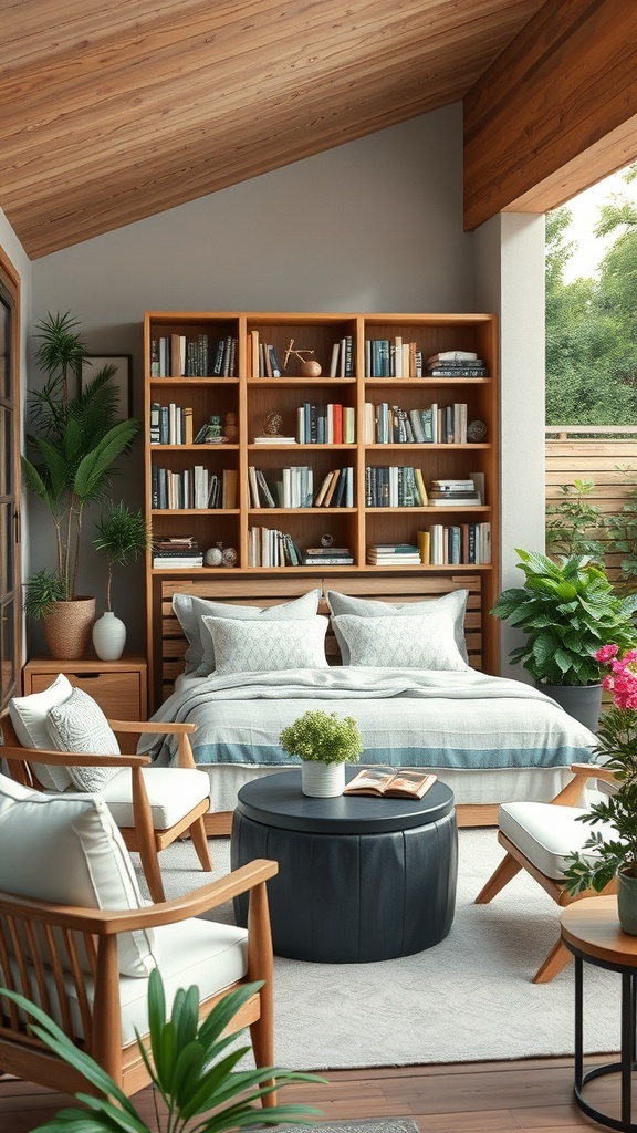 A cozy outdoor reading nook with a wooden bookshelf filled with books, surrounded by plants and comfortable seating.
