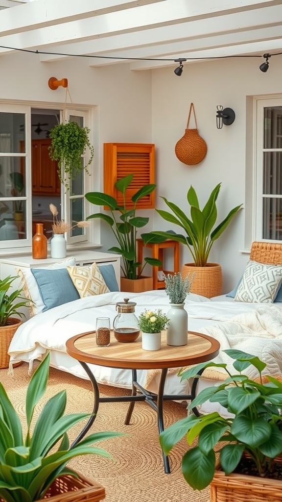 A cozy outdoor coffee station with a wooden table, coffee pot, and surrounding plants.