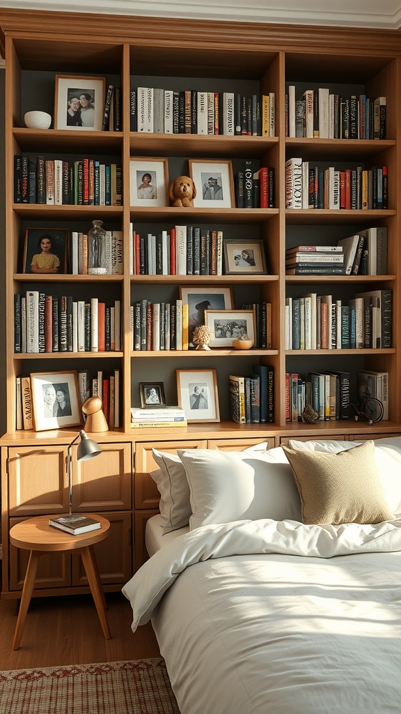 A personalized bookshelf with books, framed photos, and a teddy bear, next to a cozy bed.