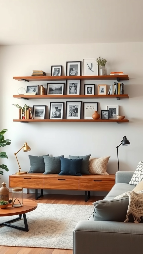 A stylish living room featuring personalized floating bookshelves with books and framed photos.