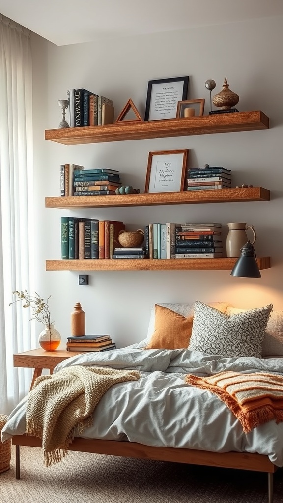 Rustic wooden floating shelves displaying books and decorative items in a cozy bedroom