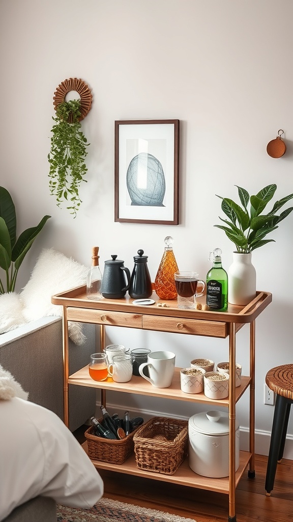 A stylish coffee bar cart with coffee pots, drinks, and decorative elements.