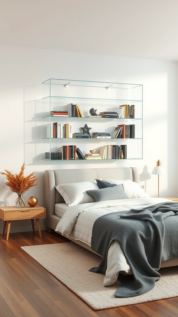 A modern bedroom featuring transparent acrylic floating shelves displaying books and decor above a bed.