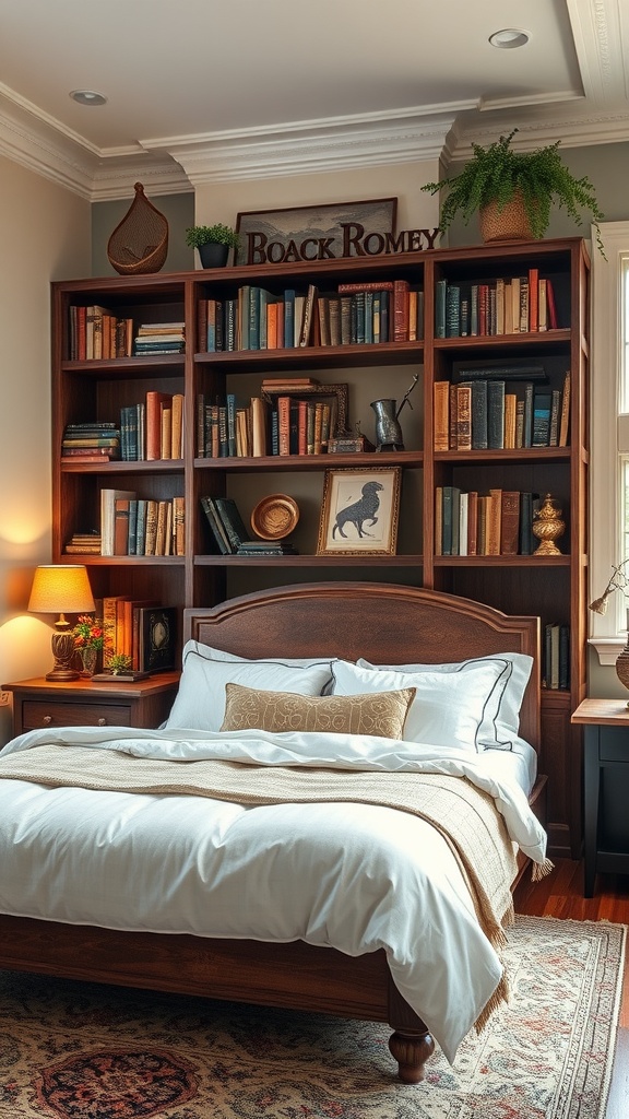 A vintage bookshelf filled with classic books, featuring warm wooden tones and decorative items.