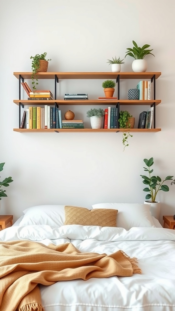 A wall-mounted bookshelf above a bed, featuring colorful books and decorative plants.